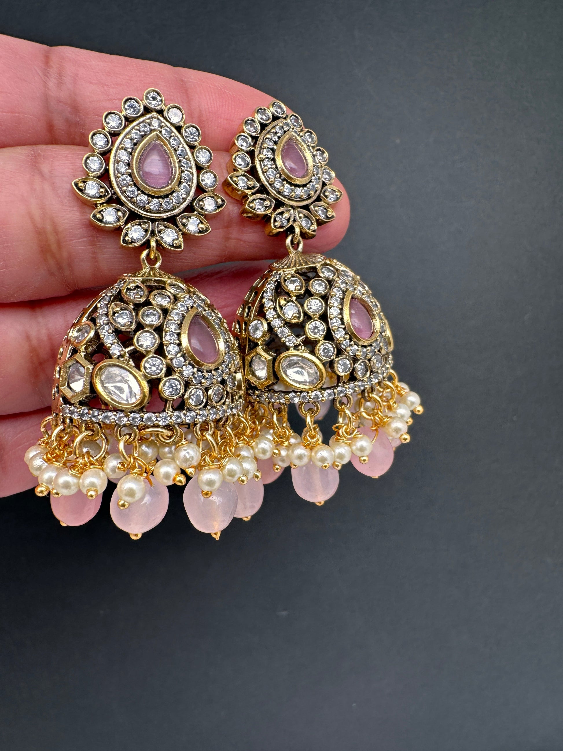 AD Color Stone Jhumki Earings - Pink