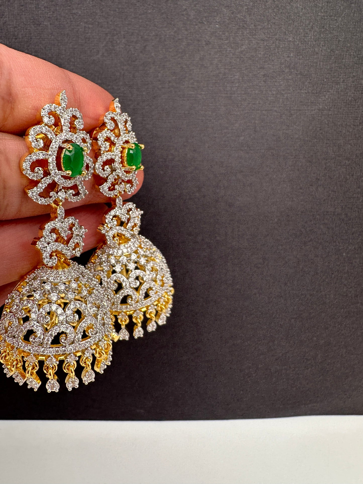 Diamond Color Stone Jhumki Earings - Green