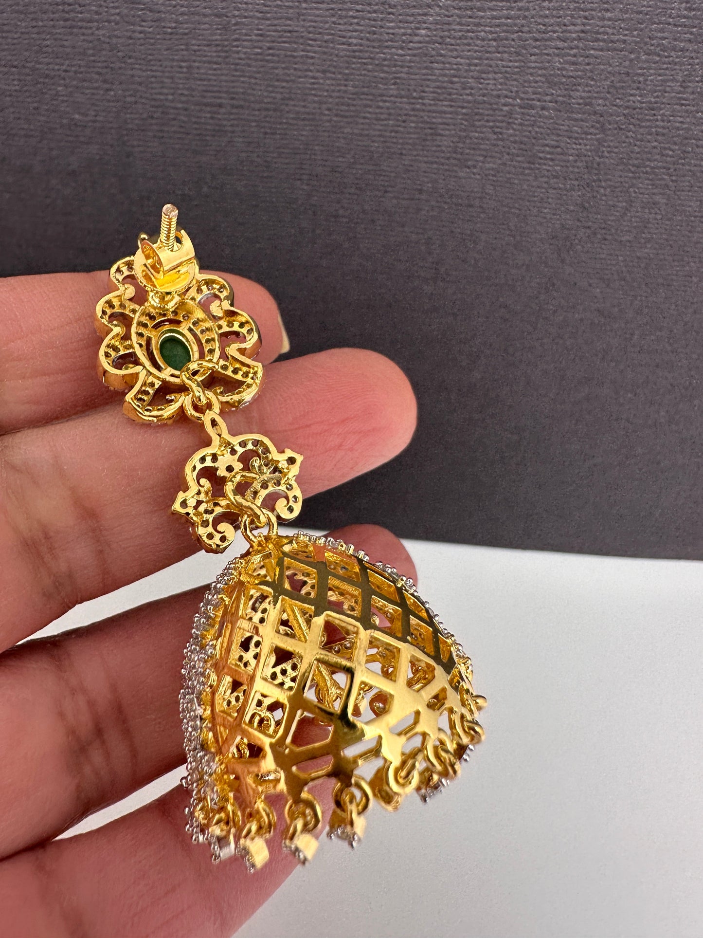 Diamond Color Stone Jhumki Earings - Green