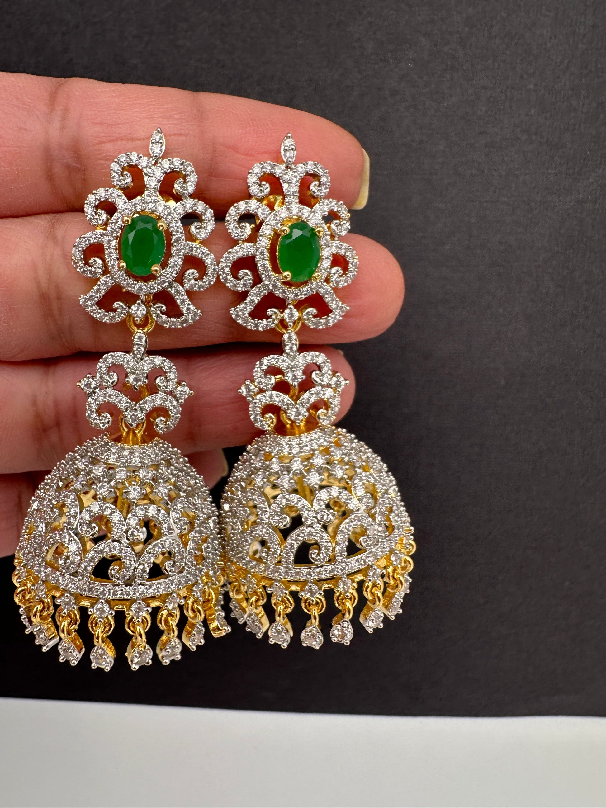 Diamond Color Stone Jhumki Earings - Green