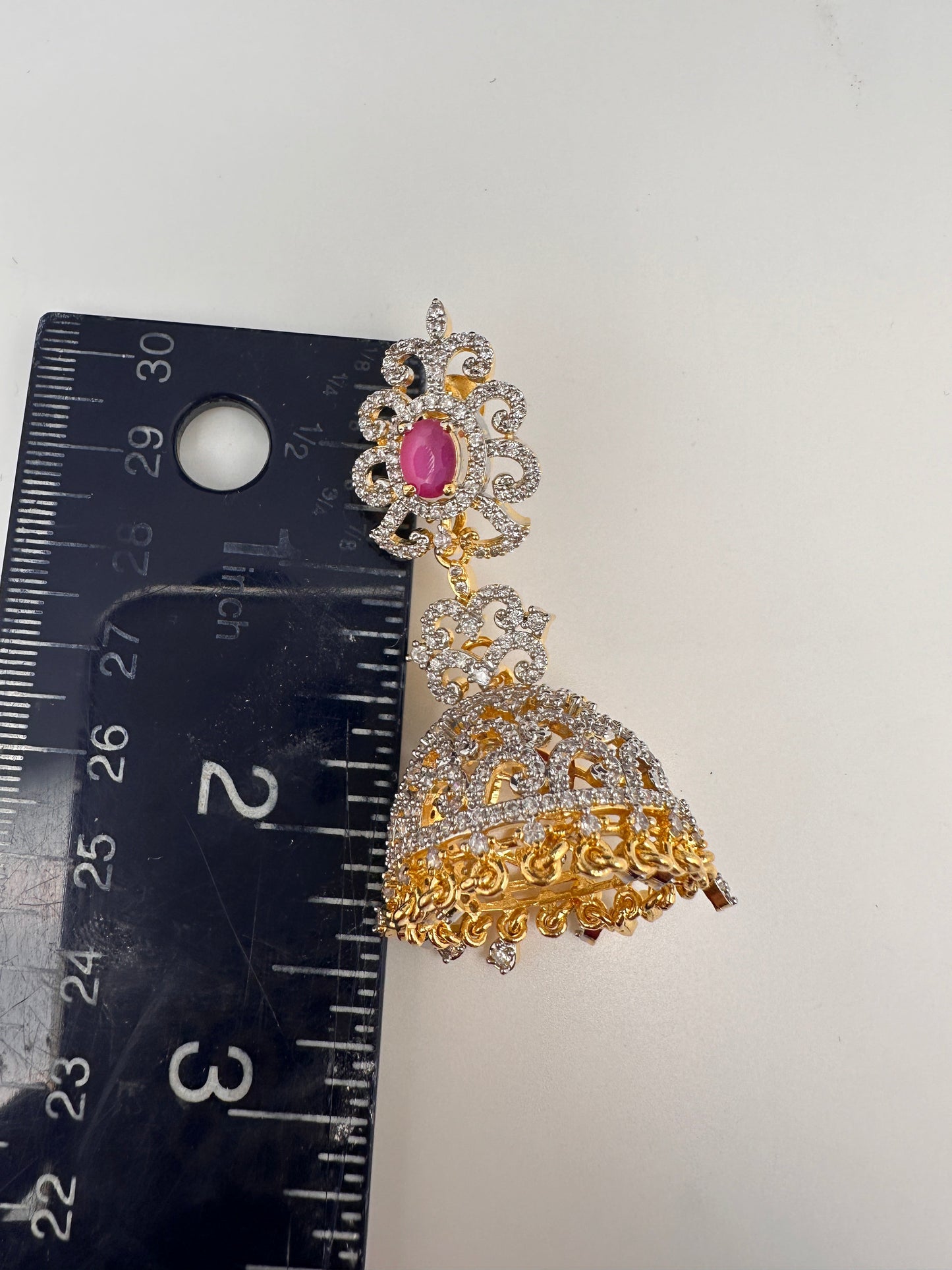 Diamond Color Stone Jhumki Earings - Red