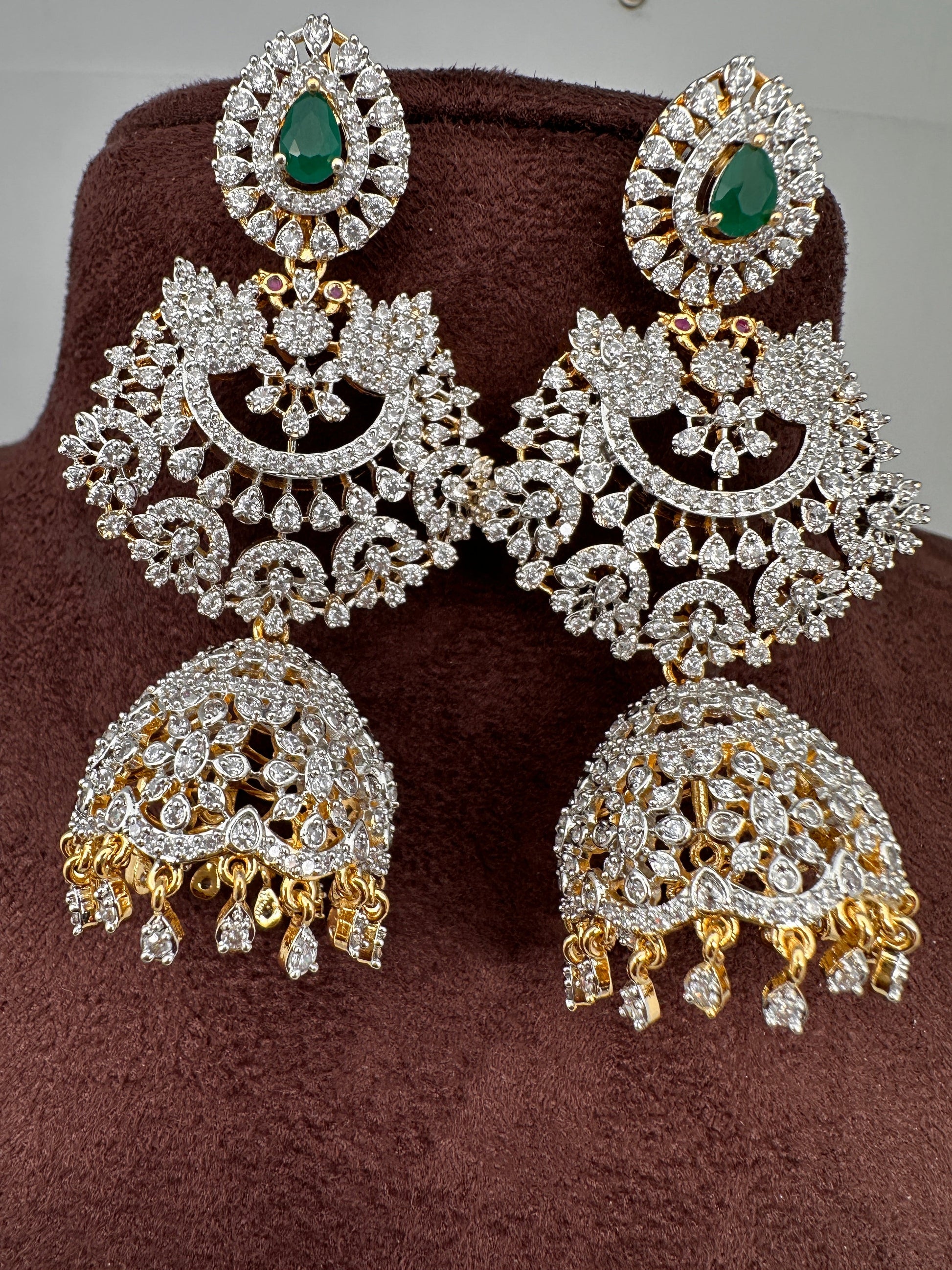 Diamond Finish Color Stone Big Jhumka Earings - Green