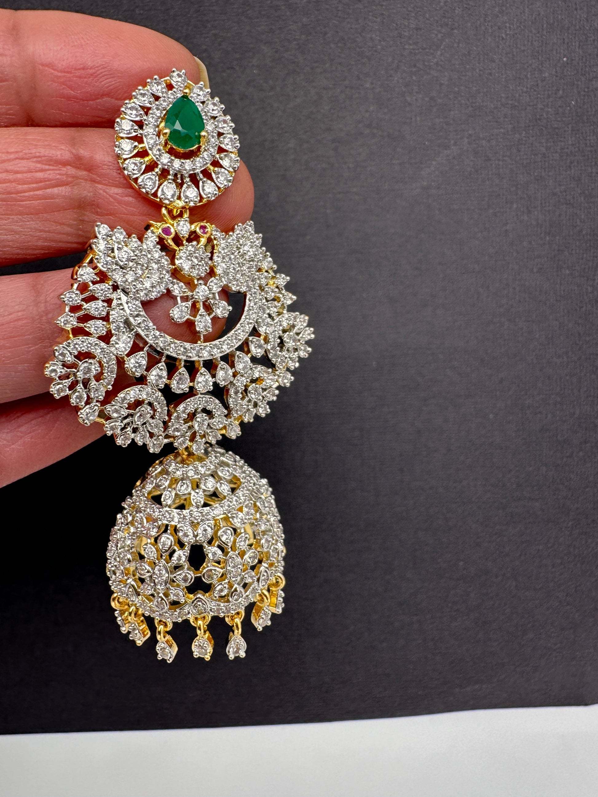 Diamond Finish Color Stone Big Jhumka Earings - Green