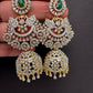 Diamond Finish Color Stone Big Jhumka Earings - Green