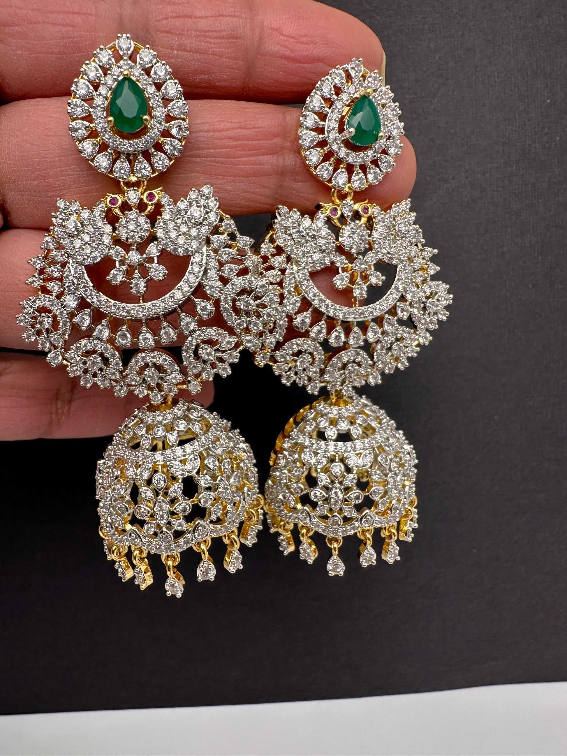 Diamond Finish Color Stone Big Jhumka Earings - Green