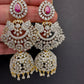 Diamond Finish Color Stone Big Jhumka Earings - Red