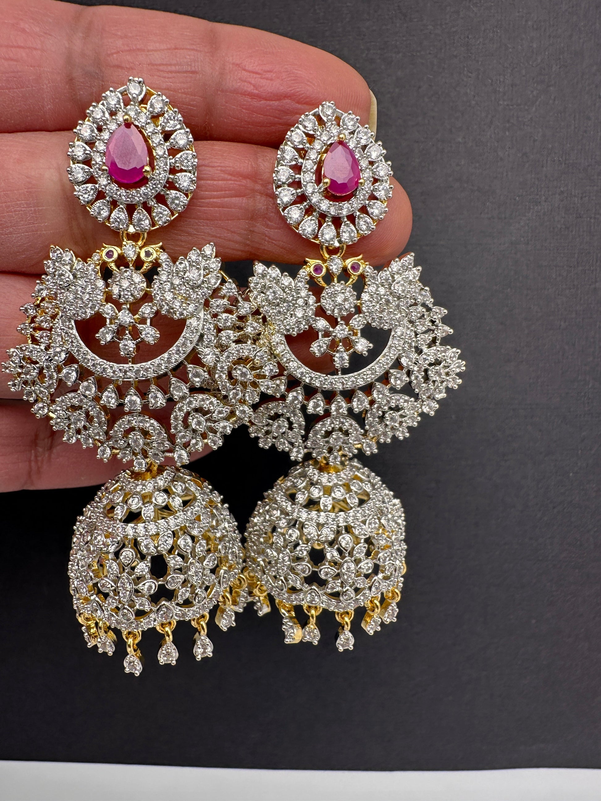 Diamond Finish Color Stone Big Jhumka Earings - Red