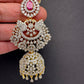 Diamond Finish Color Stone Big Jhumka Earings - Red