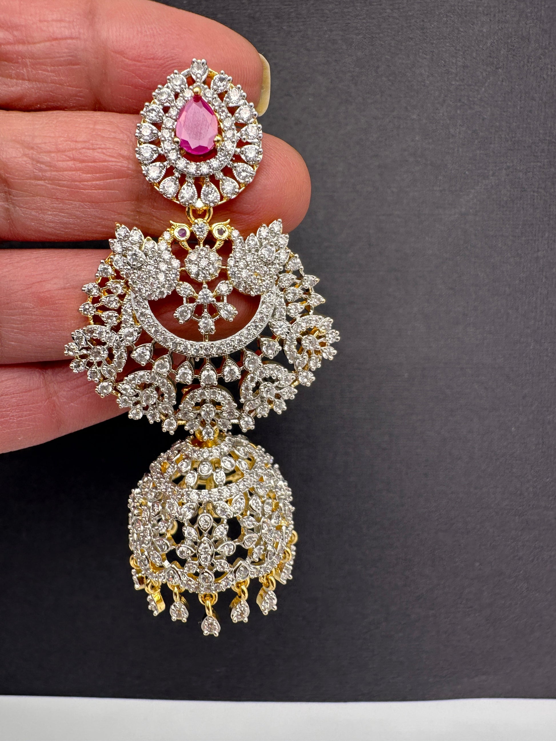 Diamond Finish Color Stone Big Jhumka Earings - Red