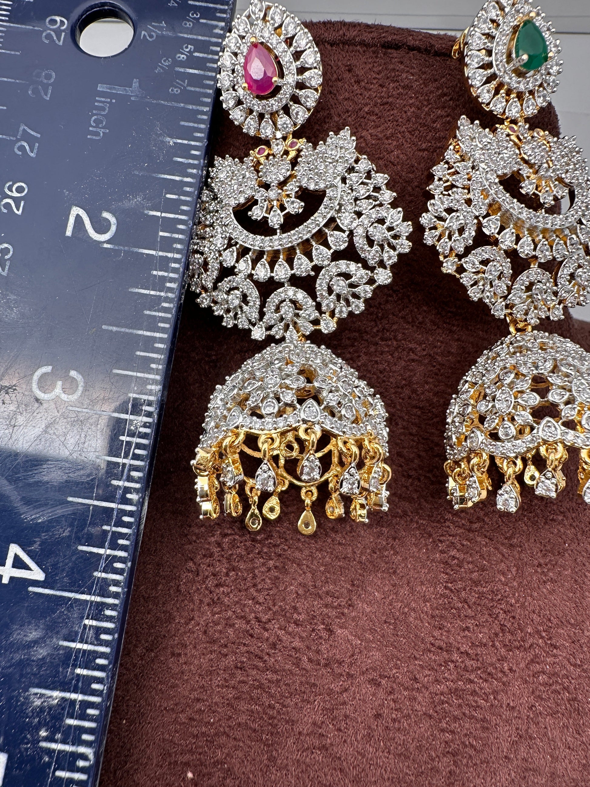 Diamond Finish Color Stone Big Jhumka Earings - Red