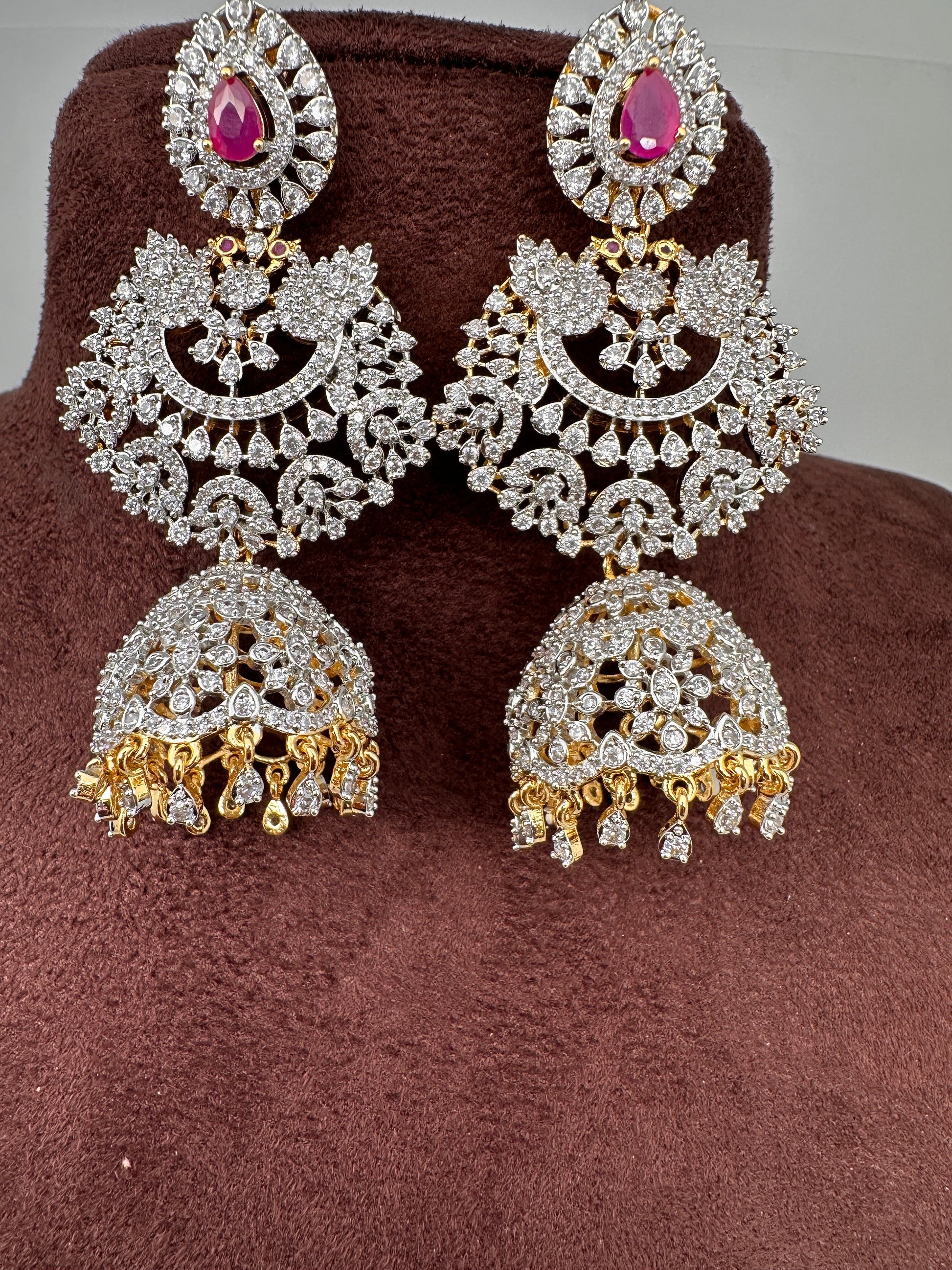 Diamond Finish Color Stone Big Jhumka Earings - Red