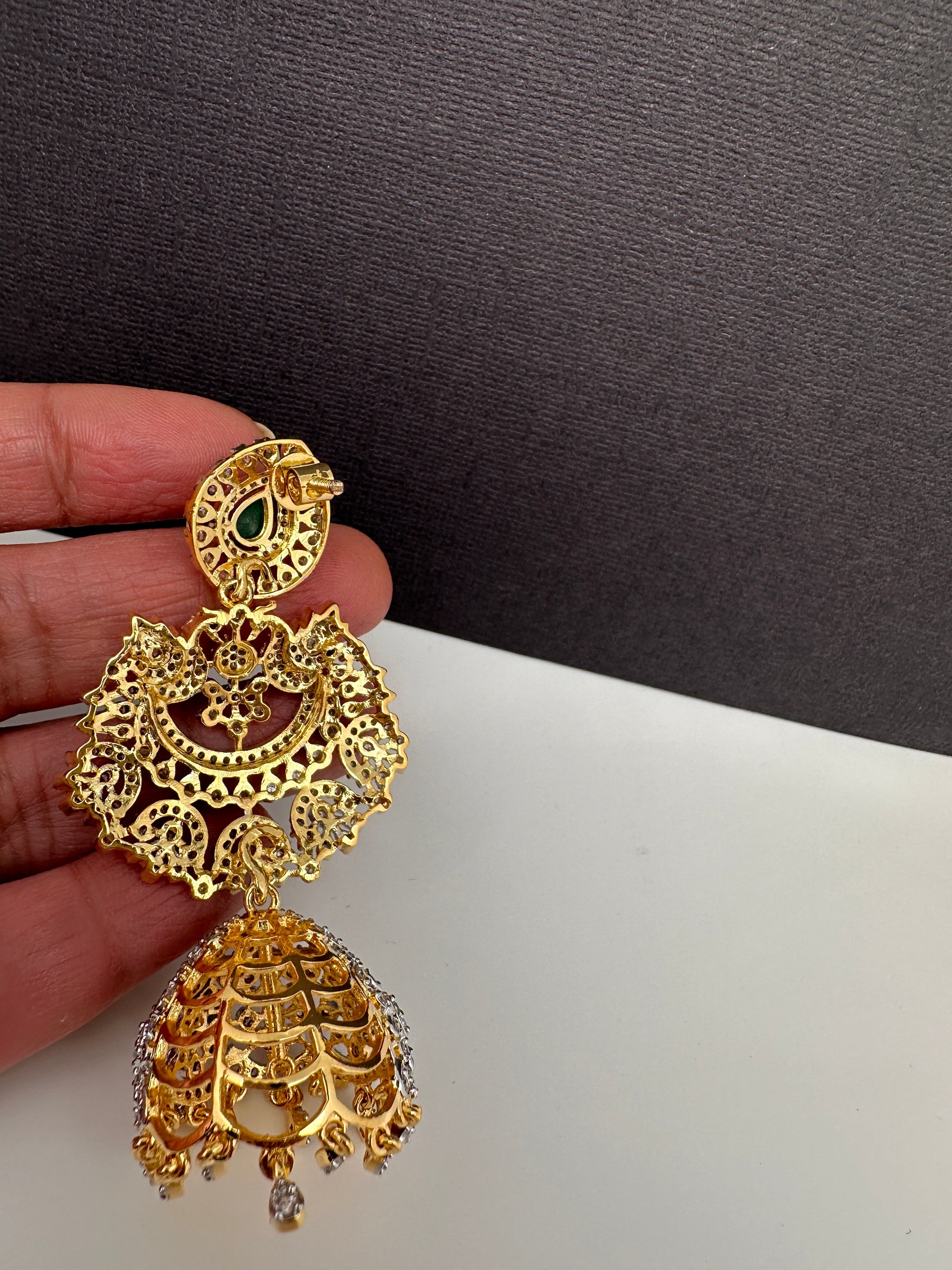Diamond Finish Color Stone Big Jhumka Earings - Red