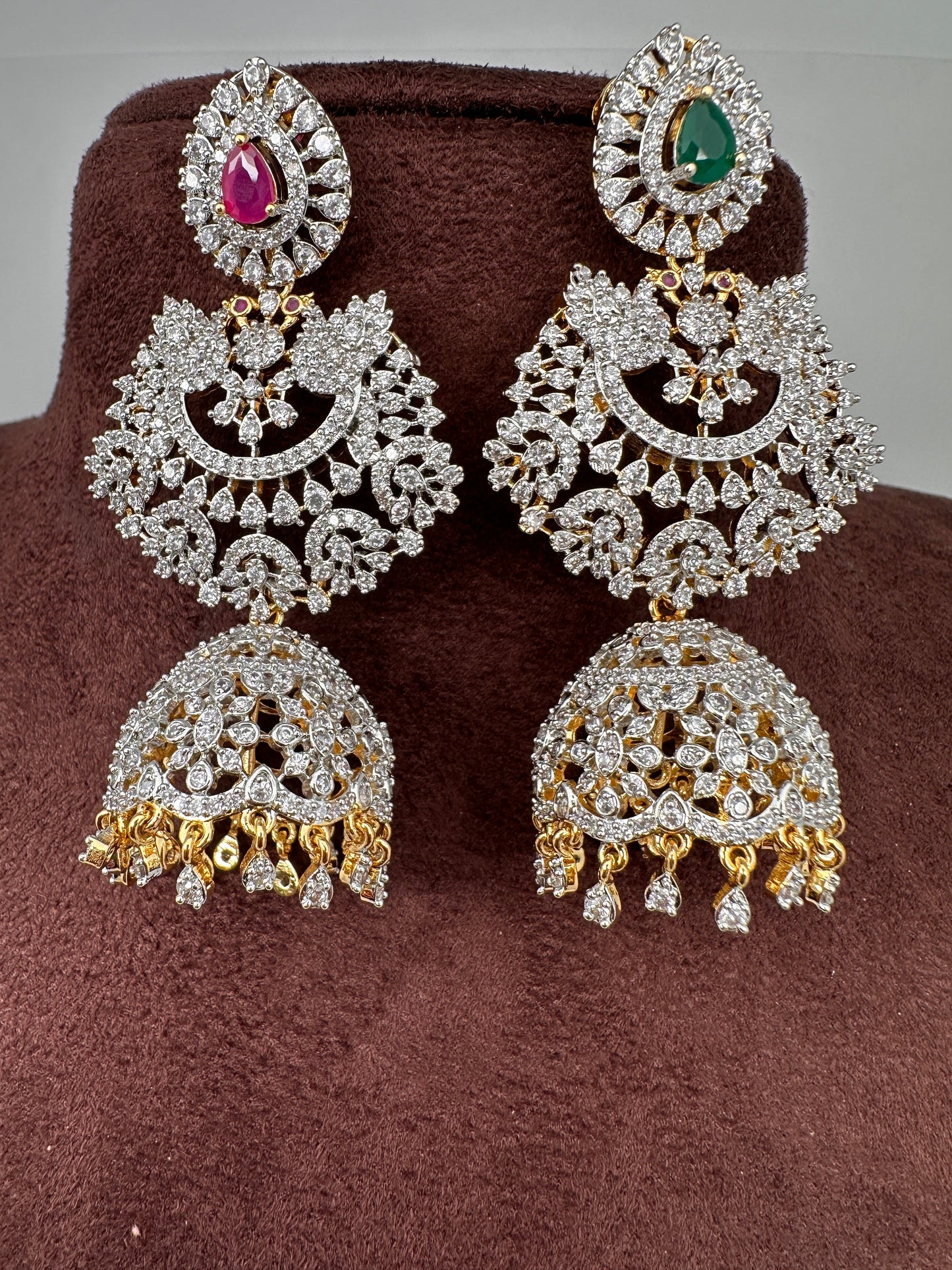 Diamond Finish Color Stone Big Jhumka Earings - Red