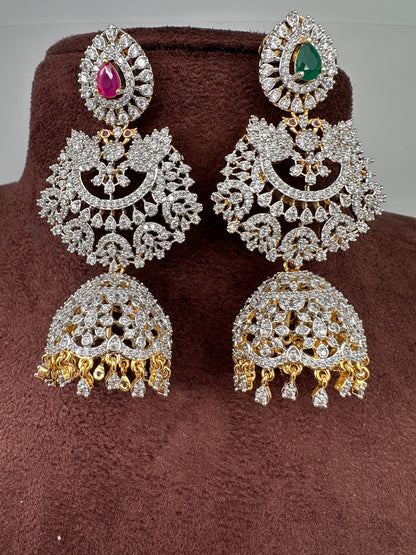 Diamond Finish Color Stone Big Jhumka Earings - Red