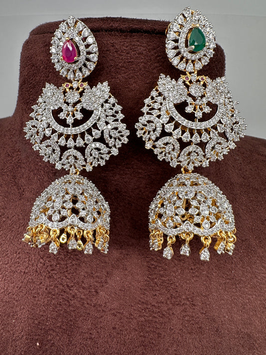 Diamond Finish Color Stone Big Jhumka Earings - Red