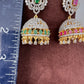 Diamond Finish Color Stone Jhumka Earings - Green