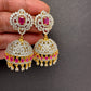 Diamond Finish Color Stone Jhumka Earings - Red