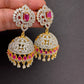 Diamond Finish Color Stone Jhumka Earings - Red