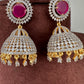 Diamond Finish Color Stone Jhumka Earings - Red