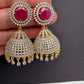 Diamond Finish Color Stone Jhumka Earings - Red