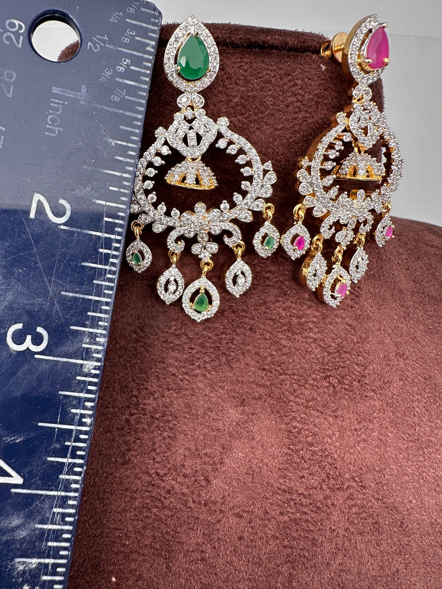 Diamond Finish Color Stone Chandbali Earings - Red