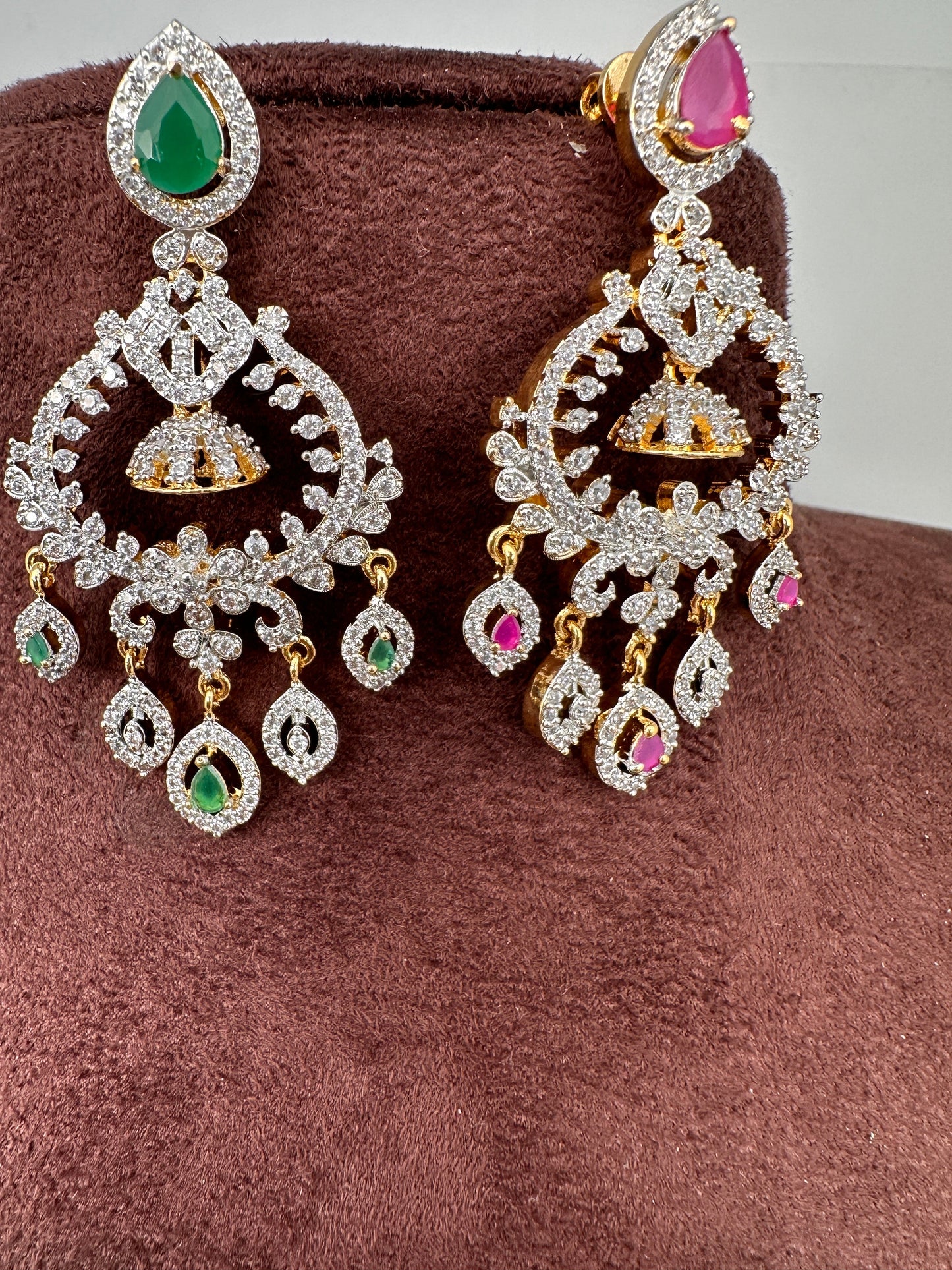 Diamond Finish Color Stone Chandbali Earings - Red