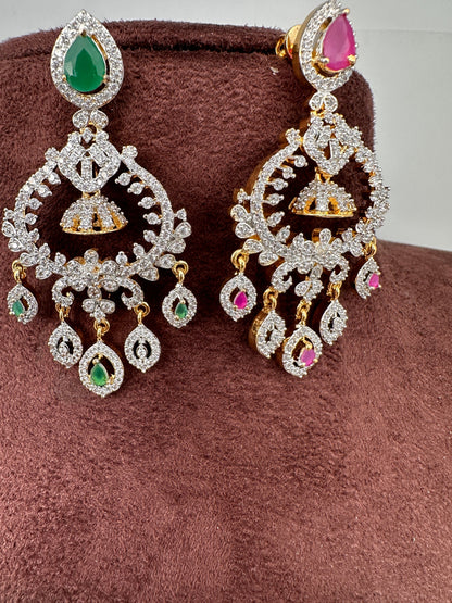 Diamond Finish Color Stone Chandbali Earings - Red