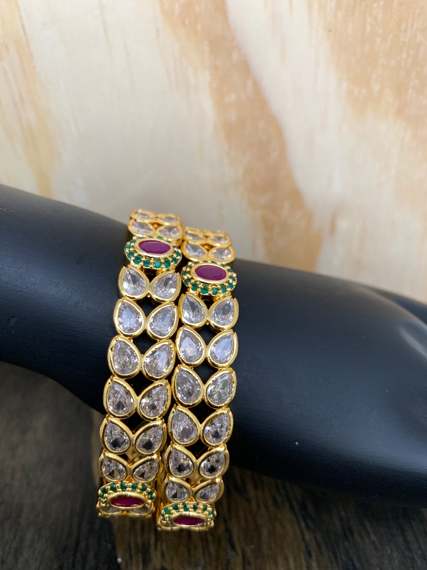 Clear Stone Double Line Leaf with Florets Pattern Bangle
