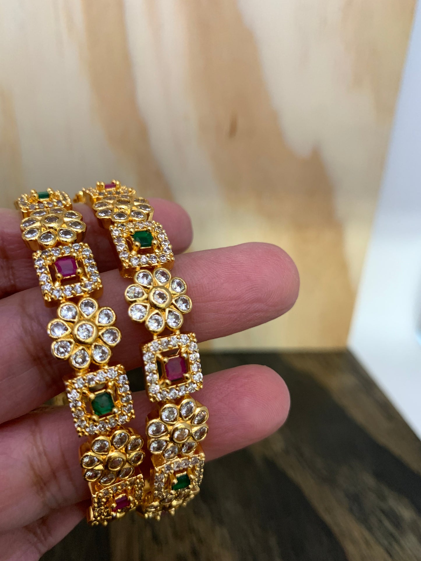 CZ and Multi Color Stone Floral and Square Pattern Bangle