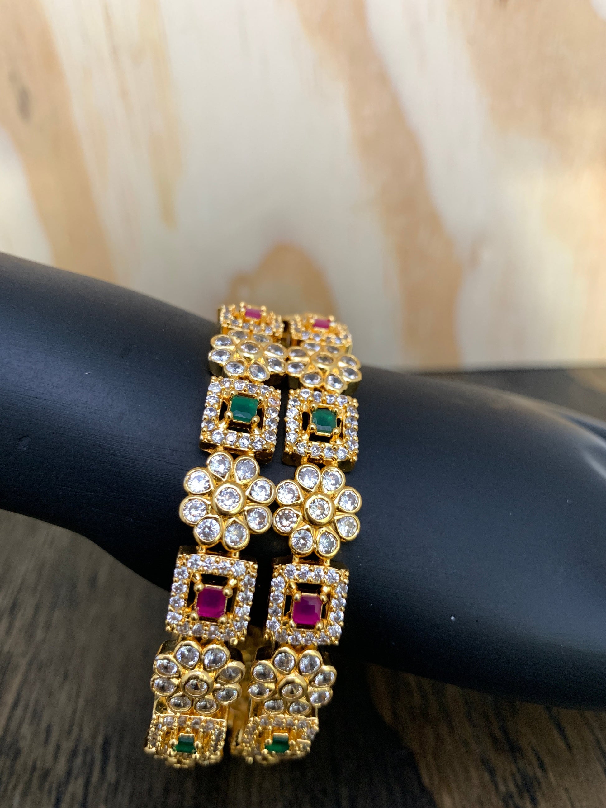 CZ and Multi Color Stone Floral and Square Pattern Bangle