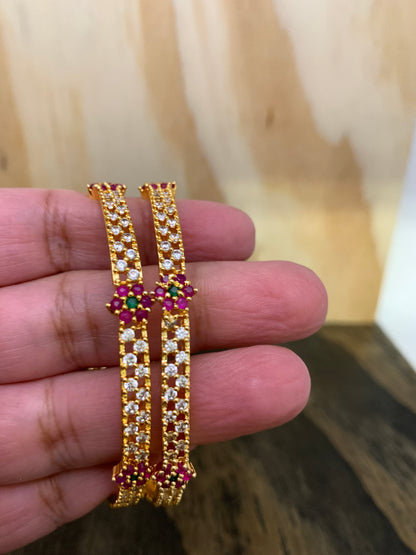 Elegant AD Red Green Stone Floral Patterns Bangle
