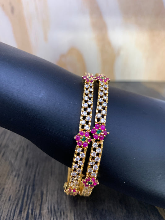 Elegant AD Red Green Stone Floral Patterns Bangle