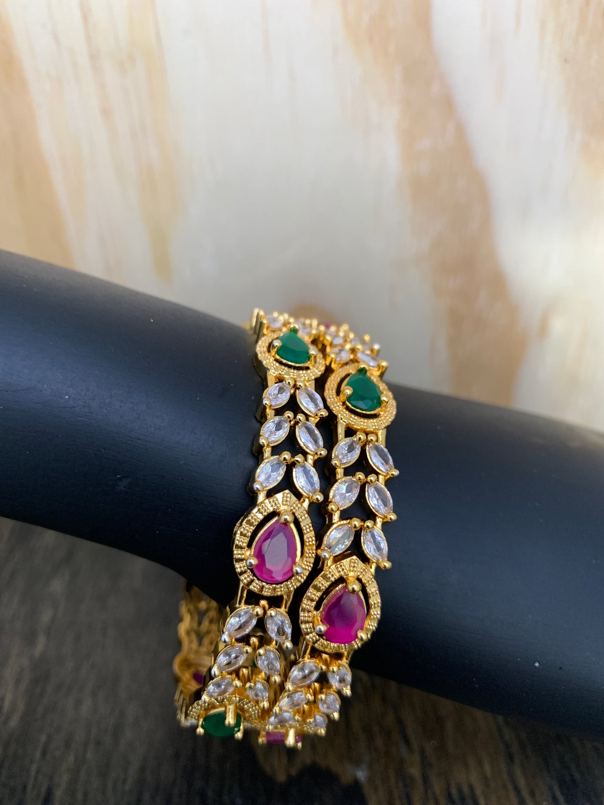 AD Red Green Stone Floral Pattern Bangles