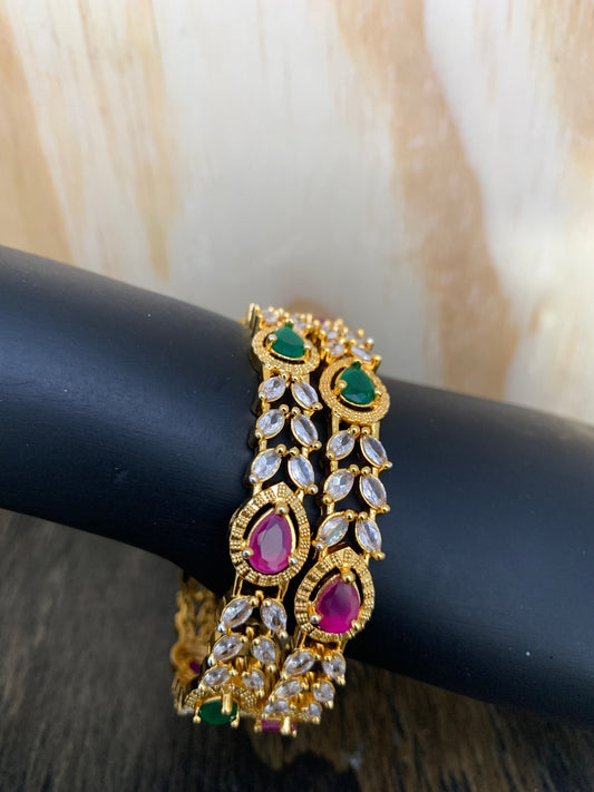 AD Red Green Stone Floral Pattern Bangles