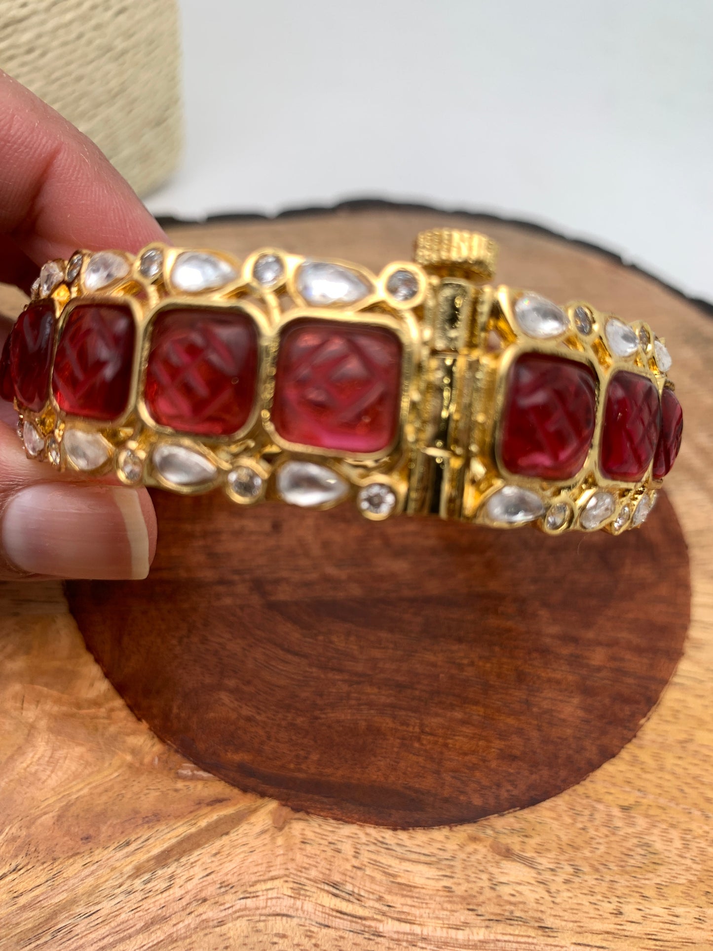 Kundan Carved Pink Stone Openable Kada Bangle