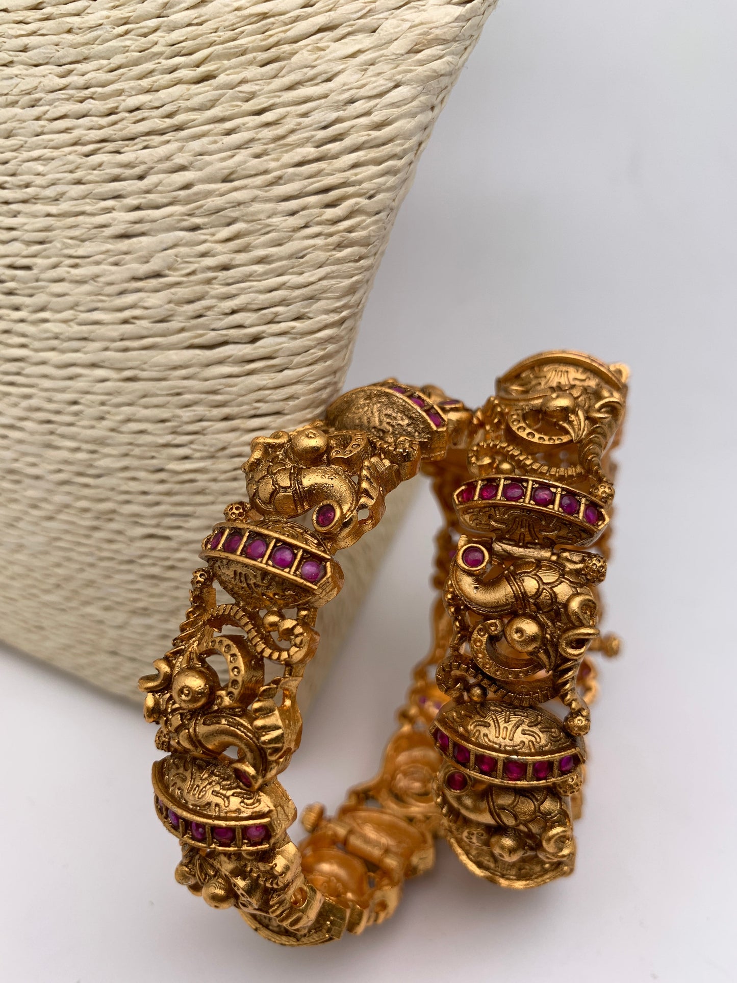 Nakshi Peacock Red Stone Premium Matte Finish Openable Bangles
