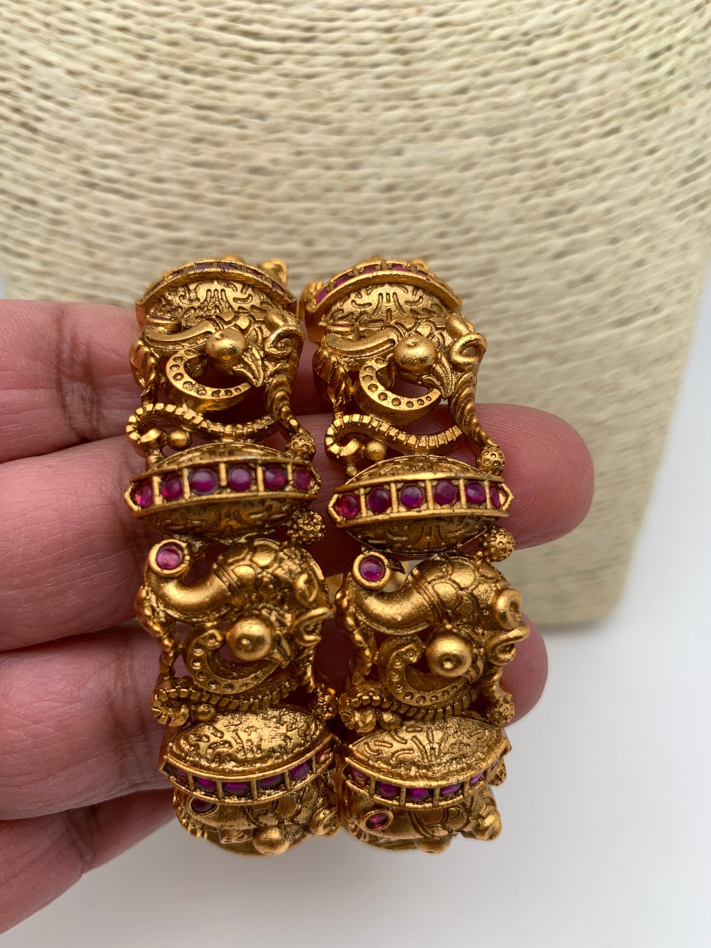 Nakshi Peacock Red Stone Premium Matte Finish Openable Bangles