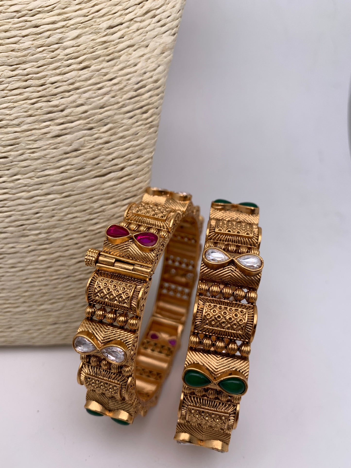 Kundan Red Green Stone Golden Kada Style Bangles