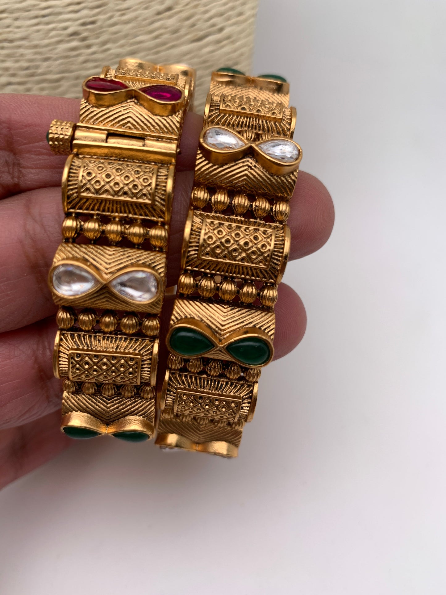 Kundan Red Green Stone Golden Kada Style Bangles