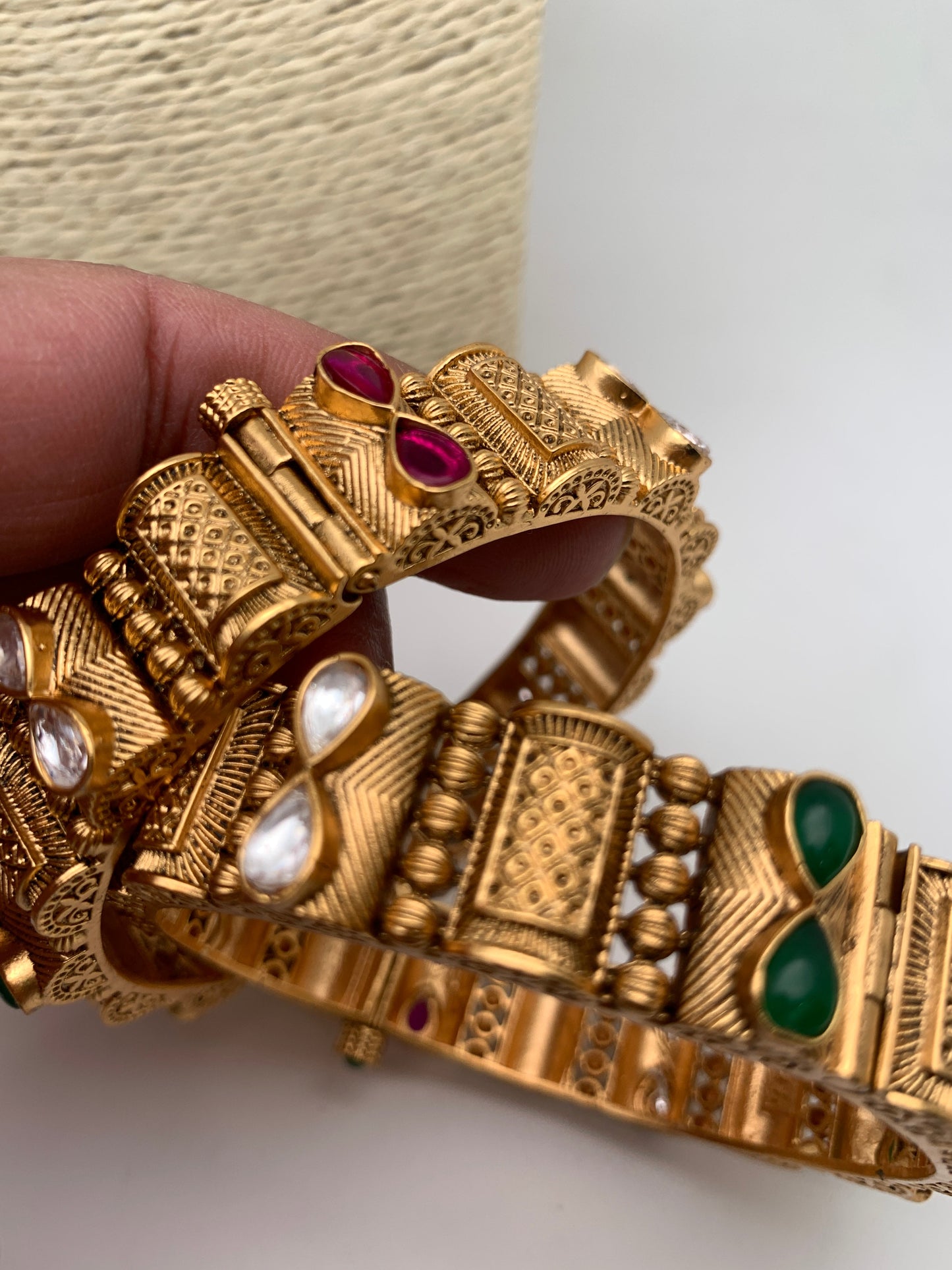 Kundan Red Green Stone Golden Kada Style Bangles