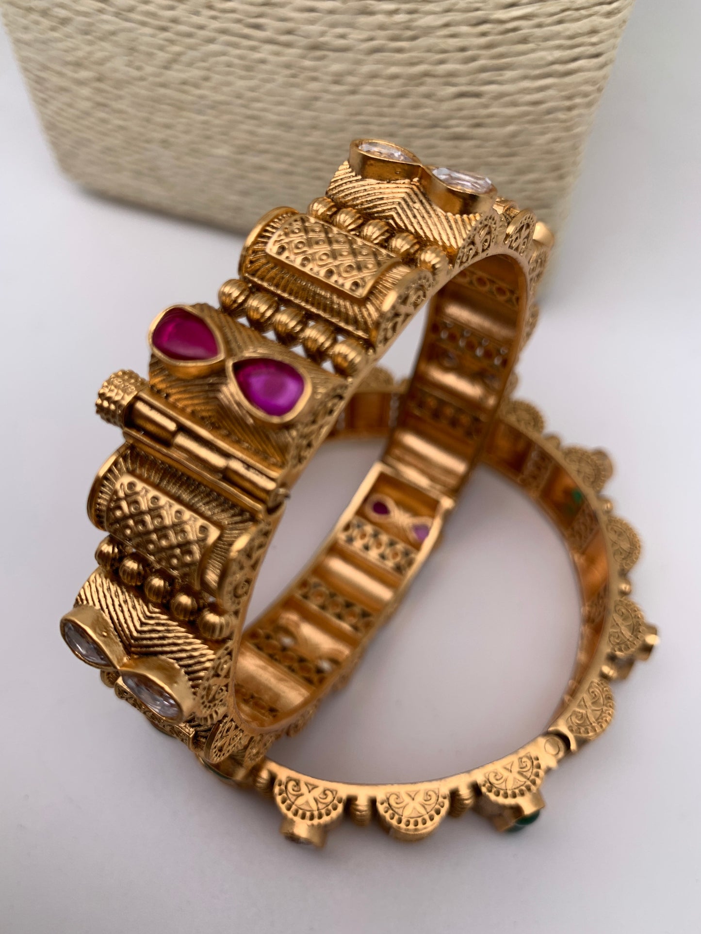 Kundan Red Green Stone Golden Kada Style Bangles