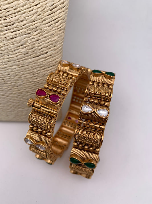 Kundan Red Green Stone Golden Kada Style Bangles