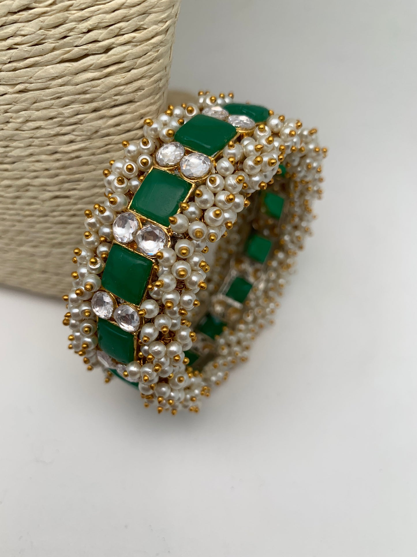 Cluster Pearl Green Stone Kundan Openable Kada