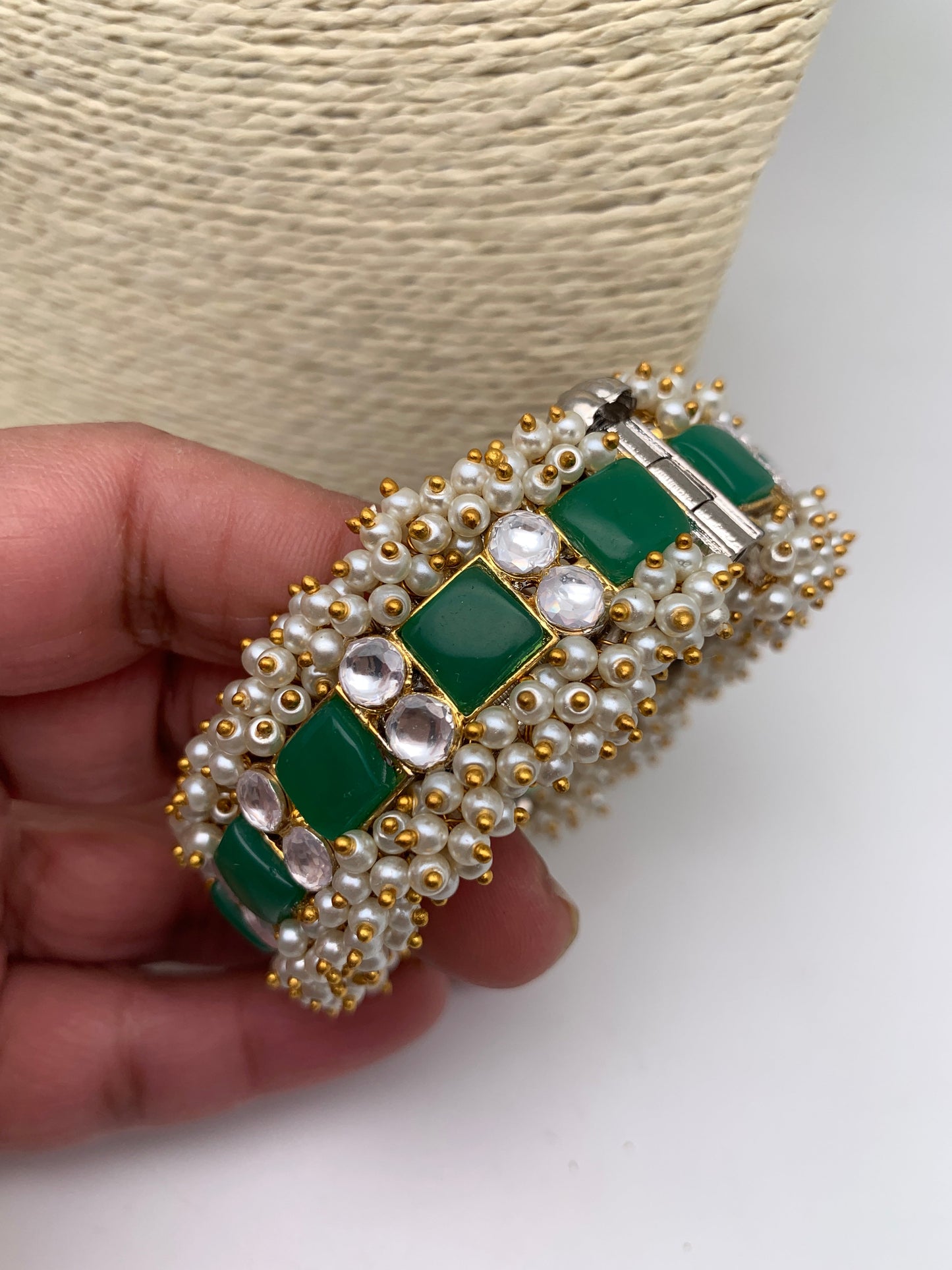Cluster Pearl Green Stone Kundan Openable Kada