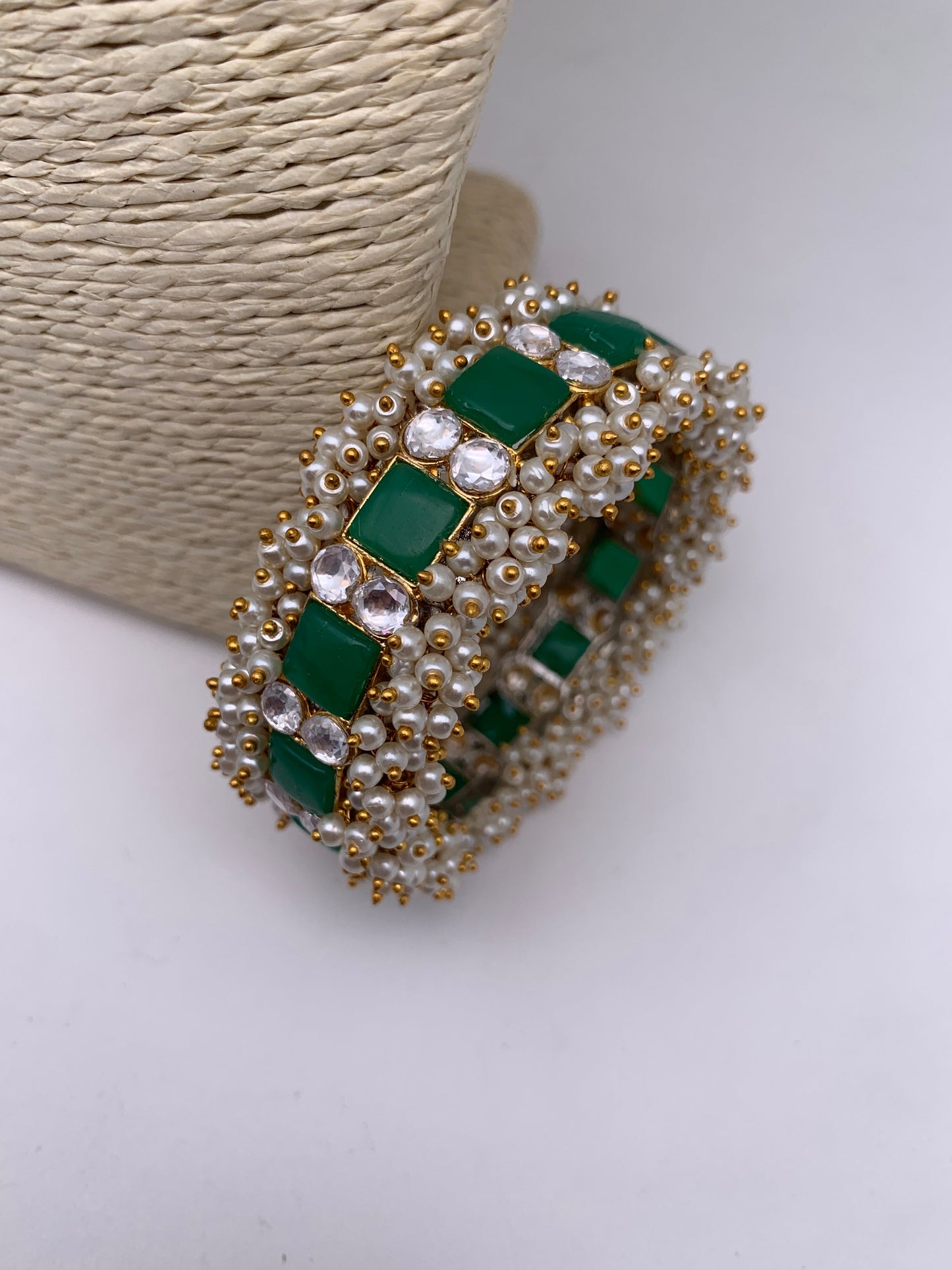 Cluster Pearl Green Stone Kundan Openable Kada