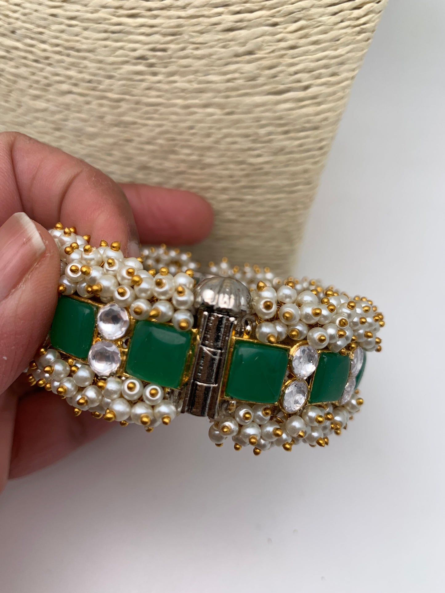 Cluster Pearl Green Stone Kundan Openable Kada