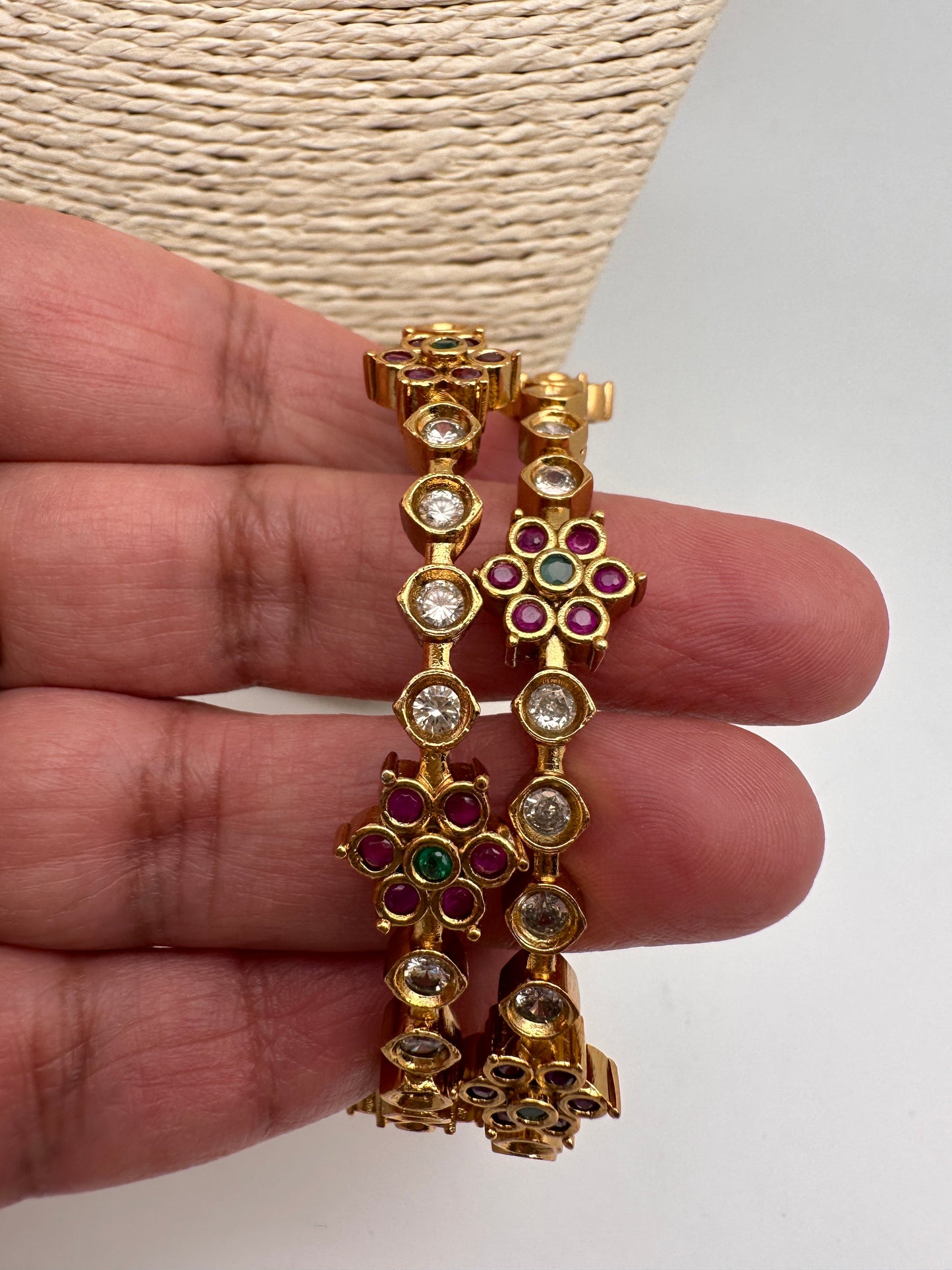 AD Red Green Multi Stone Floral Matte Finish Bangles