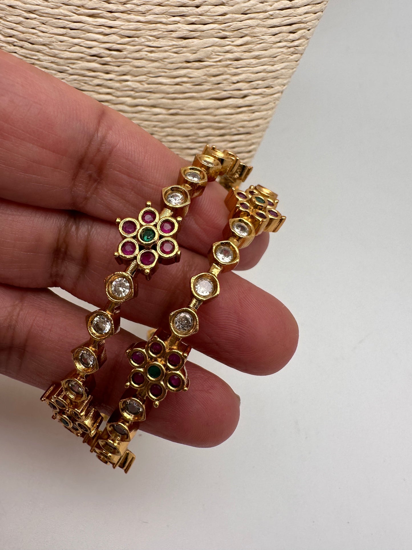 AD Red Green Multi Stone Floral Matte Finish Bangles
