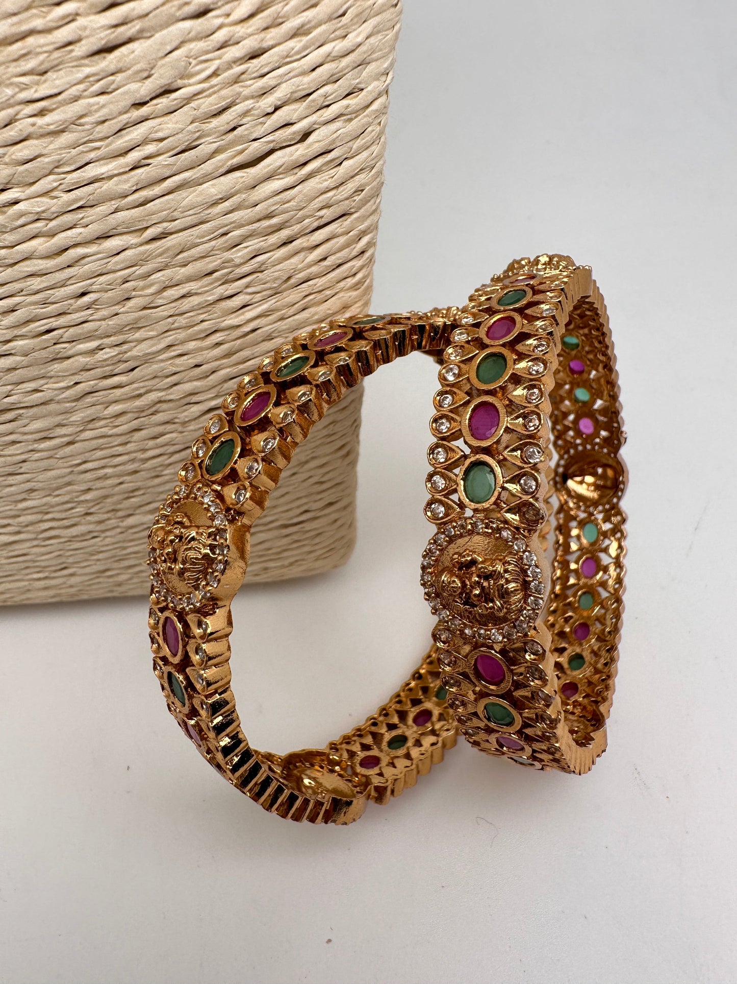 AD Red Green Stone Goddess Lakshmi Matte Finish Bangles