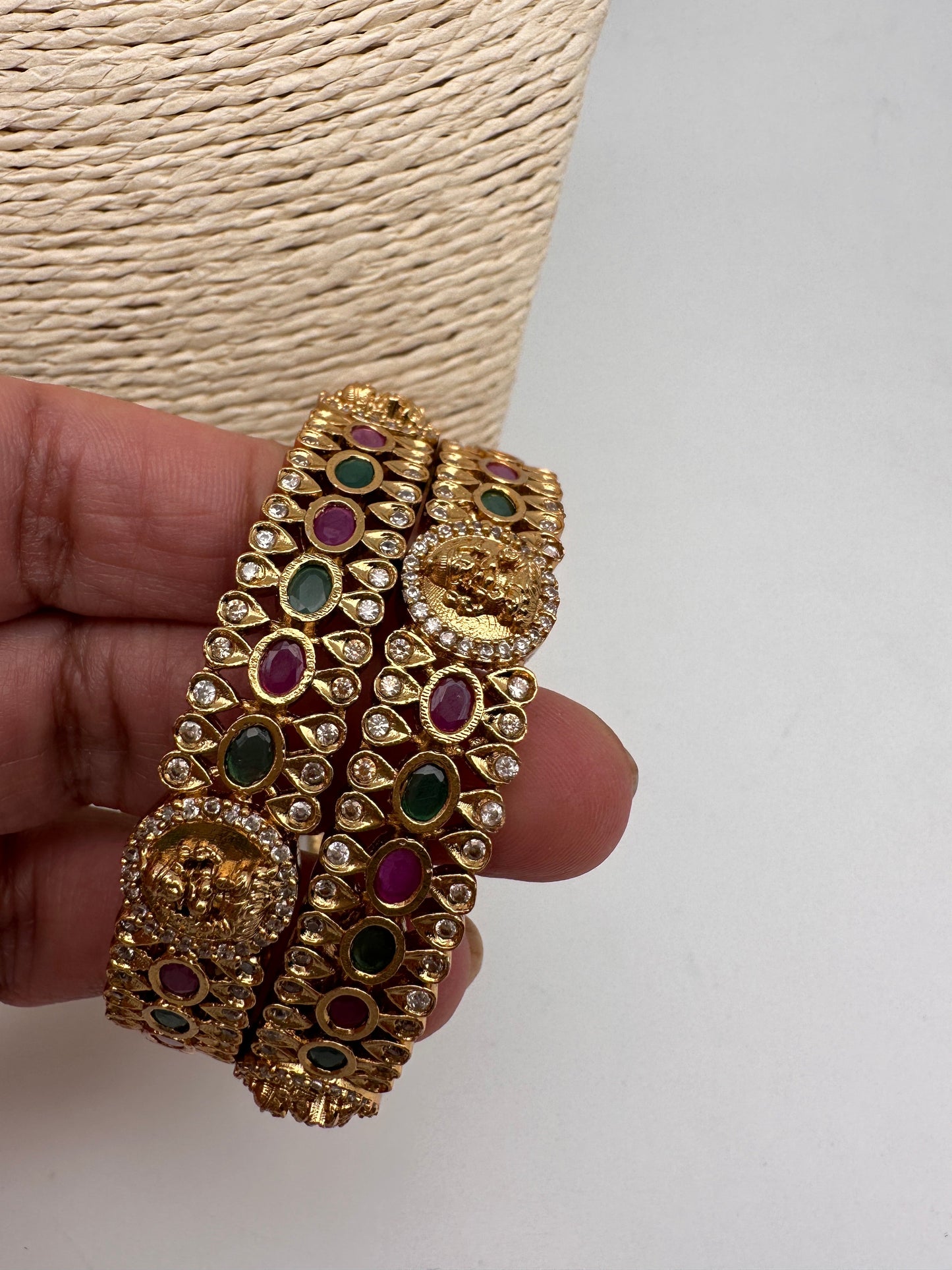 AD Red Green Stone Goddess Lakshmi Matte Finish Bangles